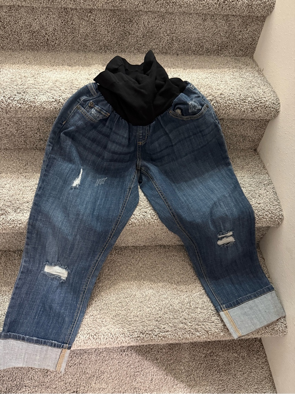 Motherhood Bounceback Dark Blue Distressed Cropped Jeans with Black Panel